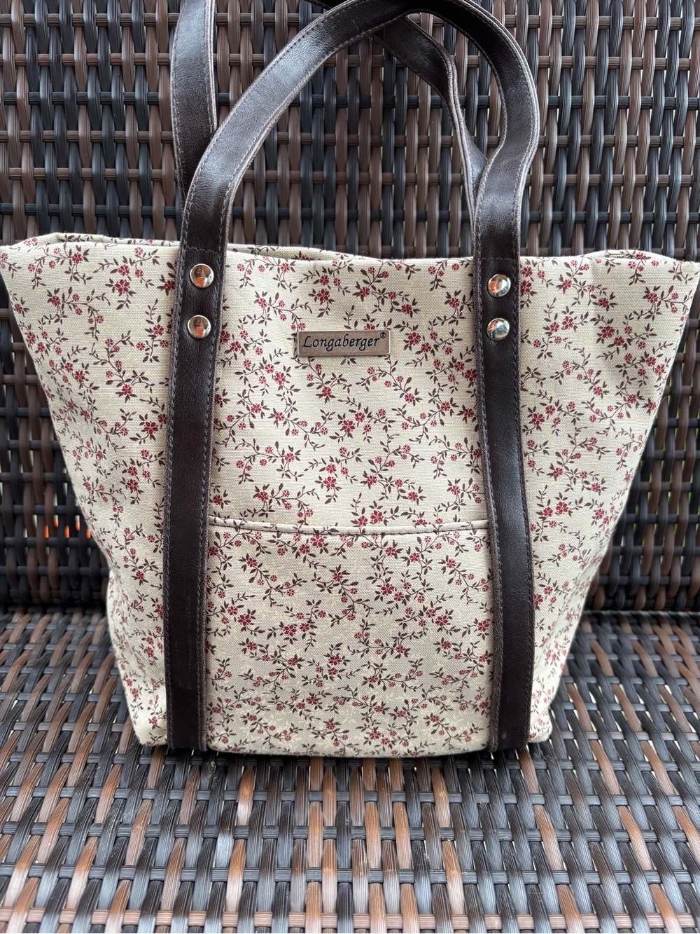 Longaberger Homestead Floral Canvas Tote with Brown Leather Straps